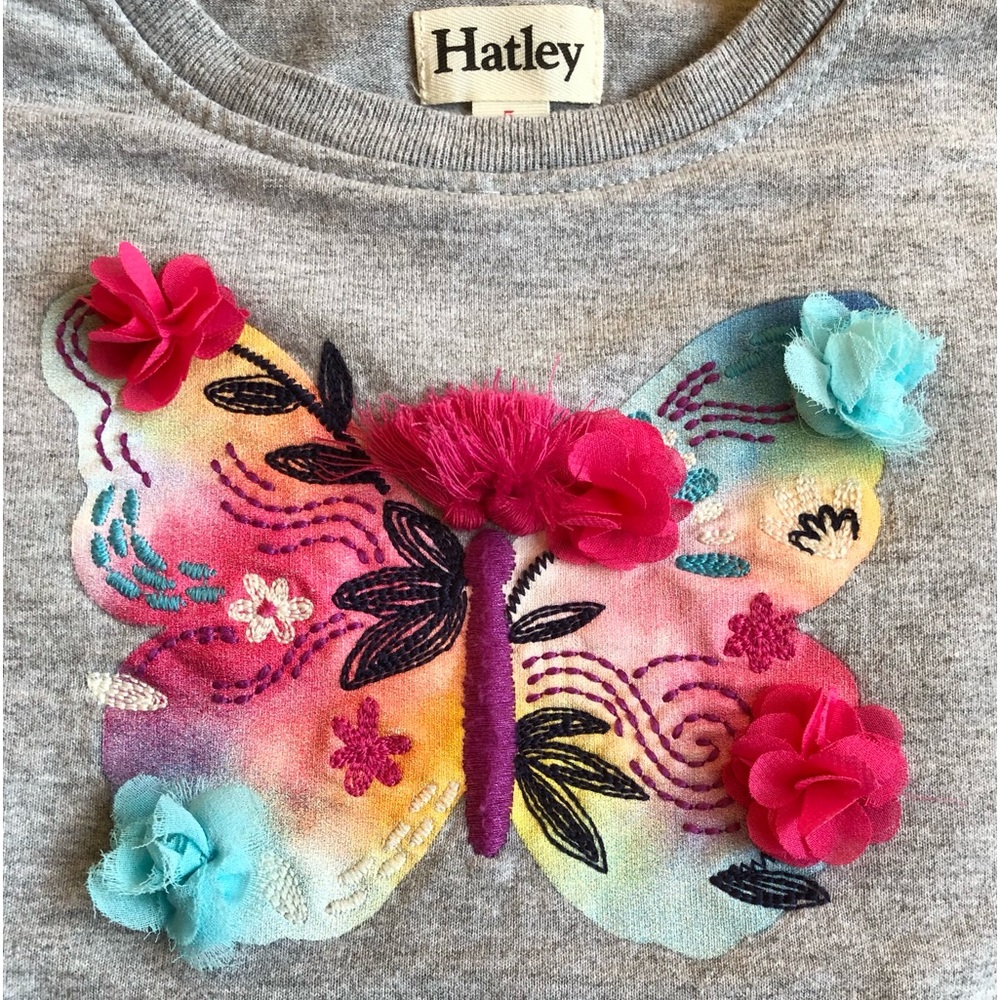 EUC Hatley Girl’s Dress-Sweatshirt Top with Butterfly + Striped Shimmer Skirt - Picture 3 of 7